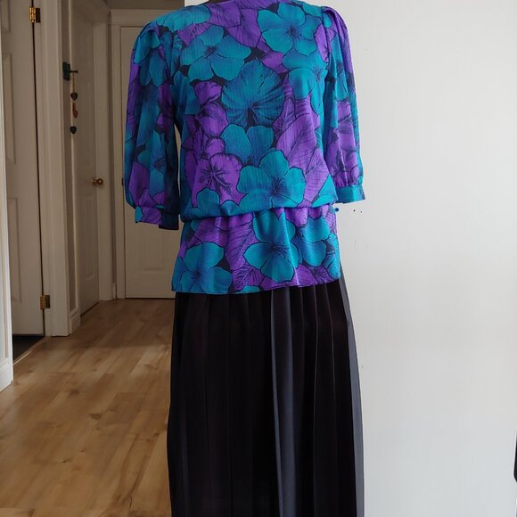 Vintage 80's Club Femme Teal Purple Black Drop Waist Dress - Picture 2 of 6